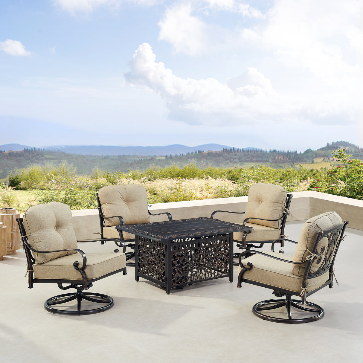 Black Aluminum Fire Table Set with Four Club Chairs - Sharicks