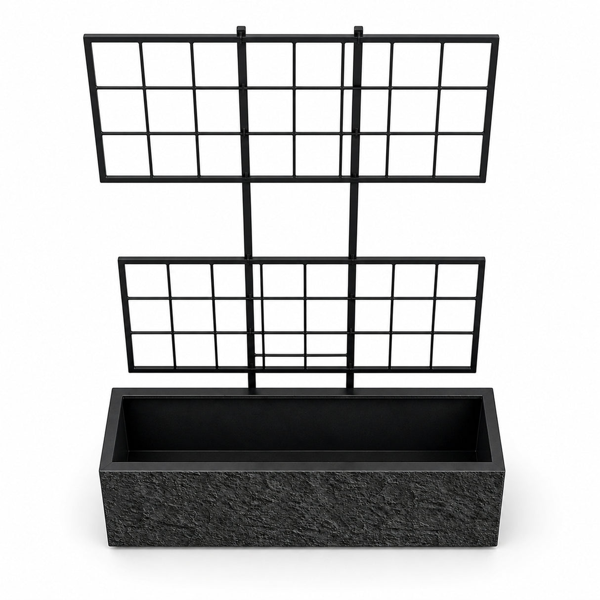 Rock Texture Rectangular Polystone Planter with Steel Trellis, Black