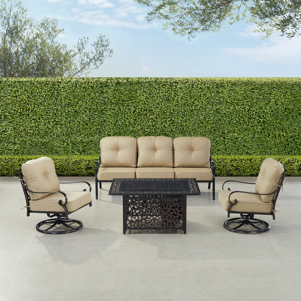 Black Aluminum Fire Table Set with Deep Seating Sofa with Cushion and Two Club Chairs - Sharicks