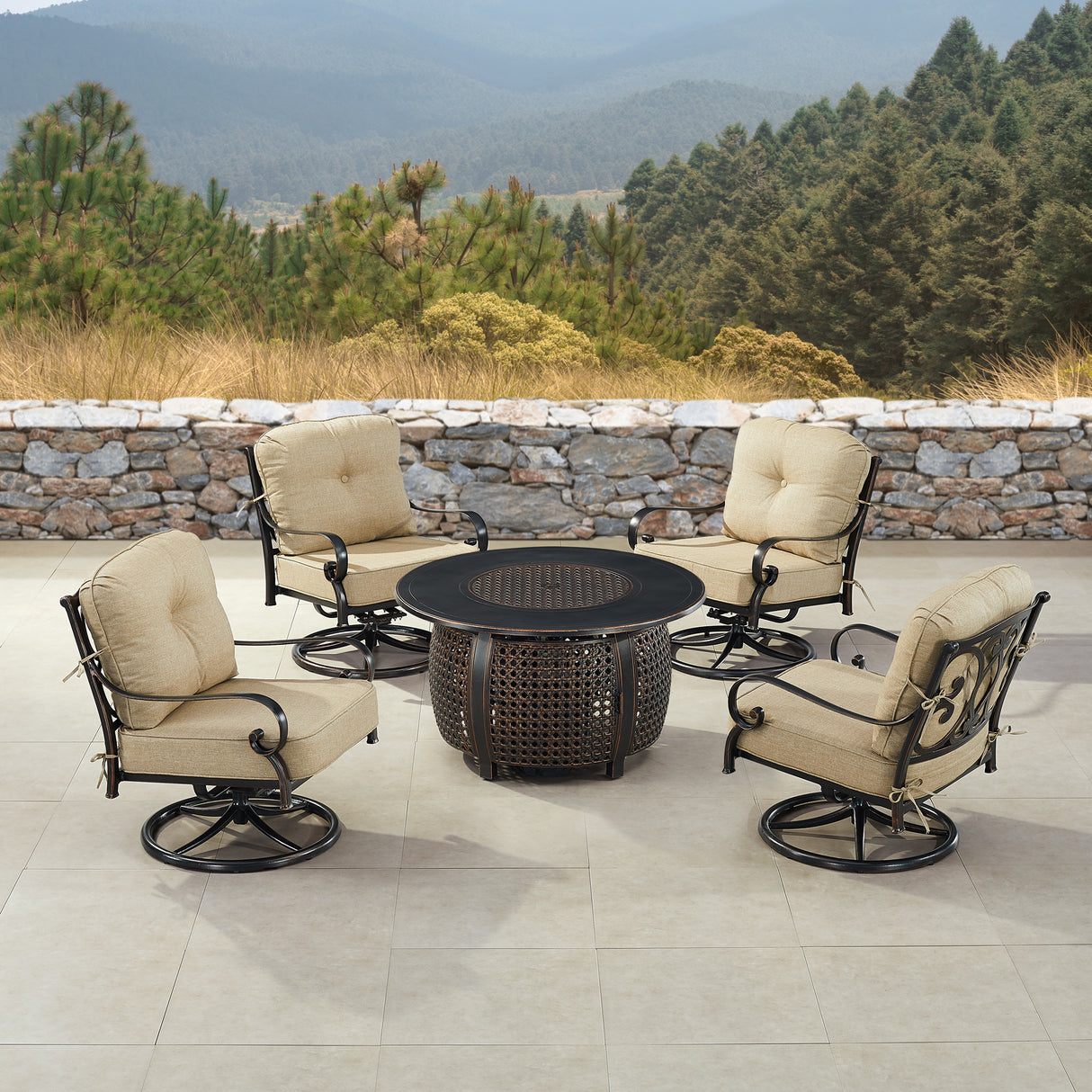 Black Aluminum Fire Table Set with Four Club Chairs - Sharicks