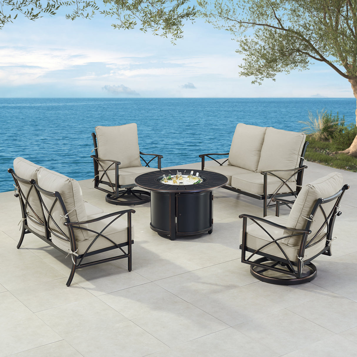 Black Aluminum Fire Table Set with Two Deep Seating Loveseat with Cushions and Two Club Chairs - Sharicks