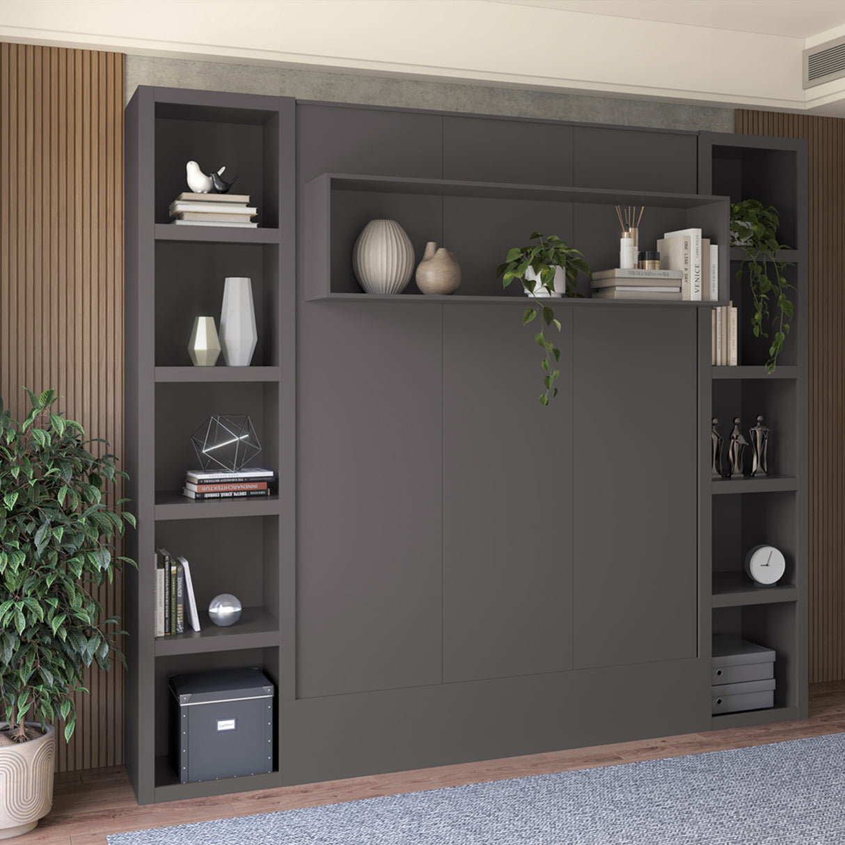 Easy-Lift Queen Murphy Wall Bed in Dark Grey with Two Bookshelves - Sharicks