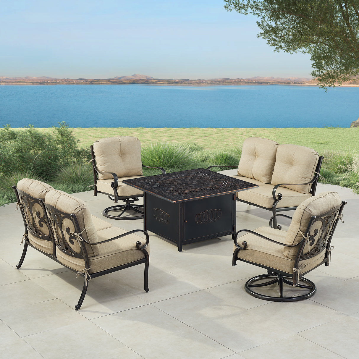 Black Aluminum Fire Table Set with Two Deep Seating Loveseat with Cushions and Two Club Chairs - Sharicks