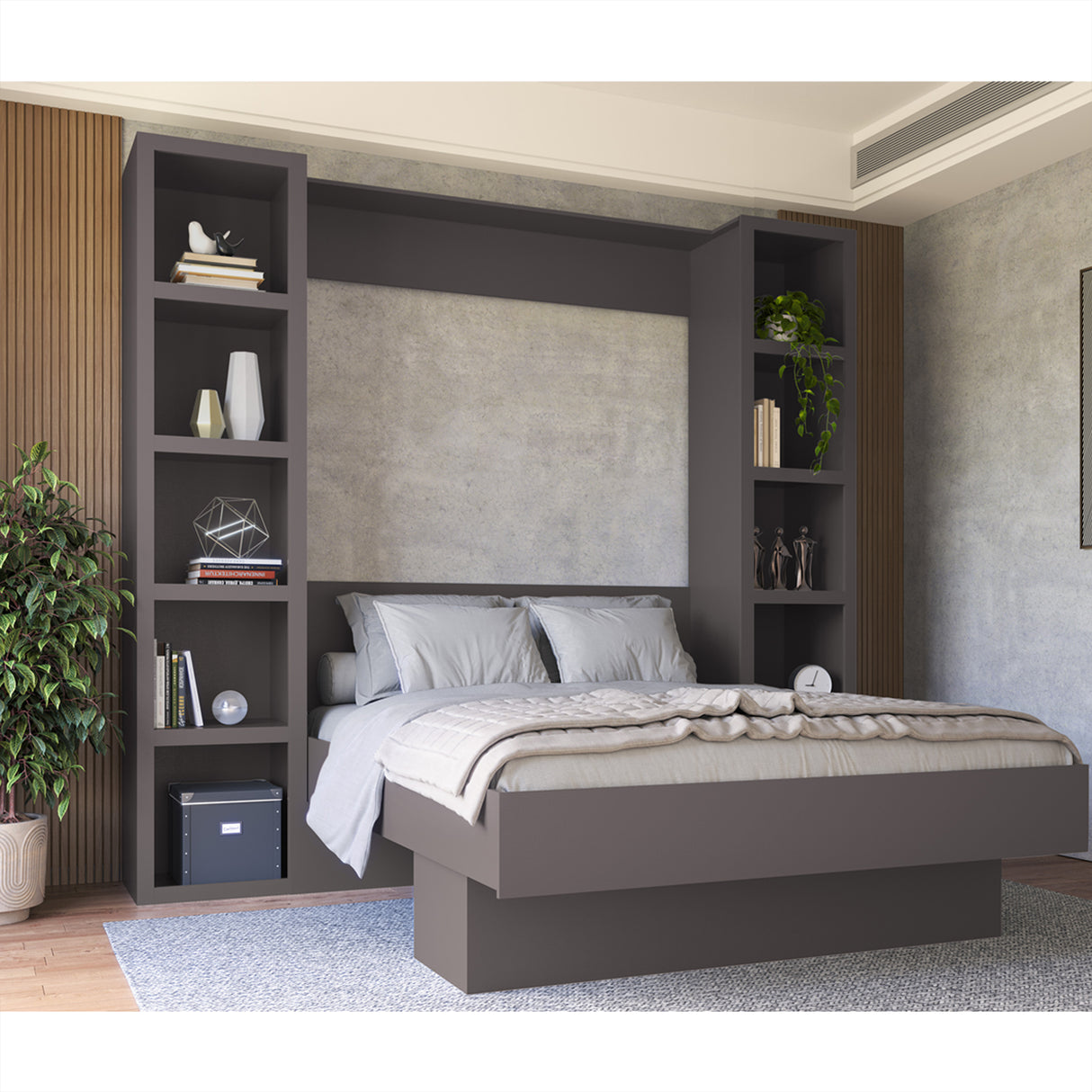 Easy-Lift Queen Murphy Wall Bed in Dark Grey with Two Bookshelves - Sharicks
