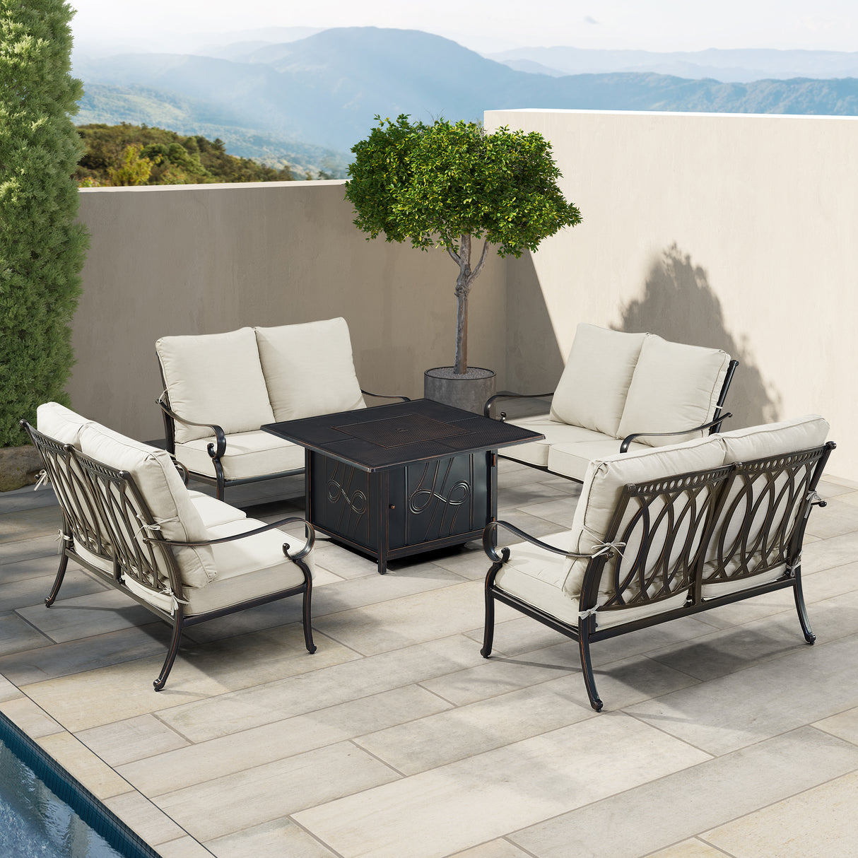 Black Aluminum Fire Table Set with Four Deep Seating Loveseats - Sharicks