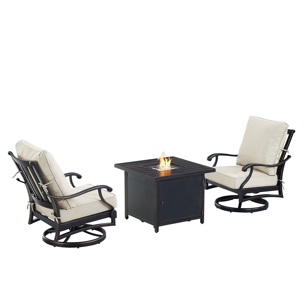 Black Aluminum Fire Table Bistro Set with Two Club Chairs - Sharicks