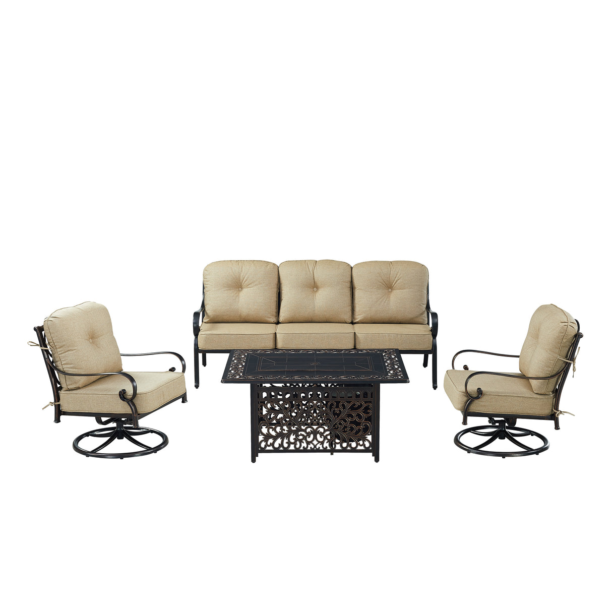 Black Aluminum Fire Table Set with Deep Seating Sofa with Cushion and Two Club Chairs - Sharicks