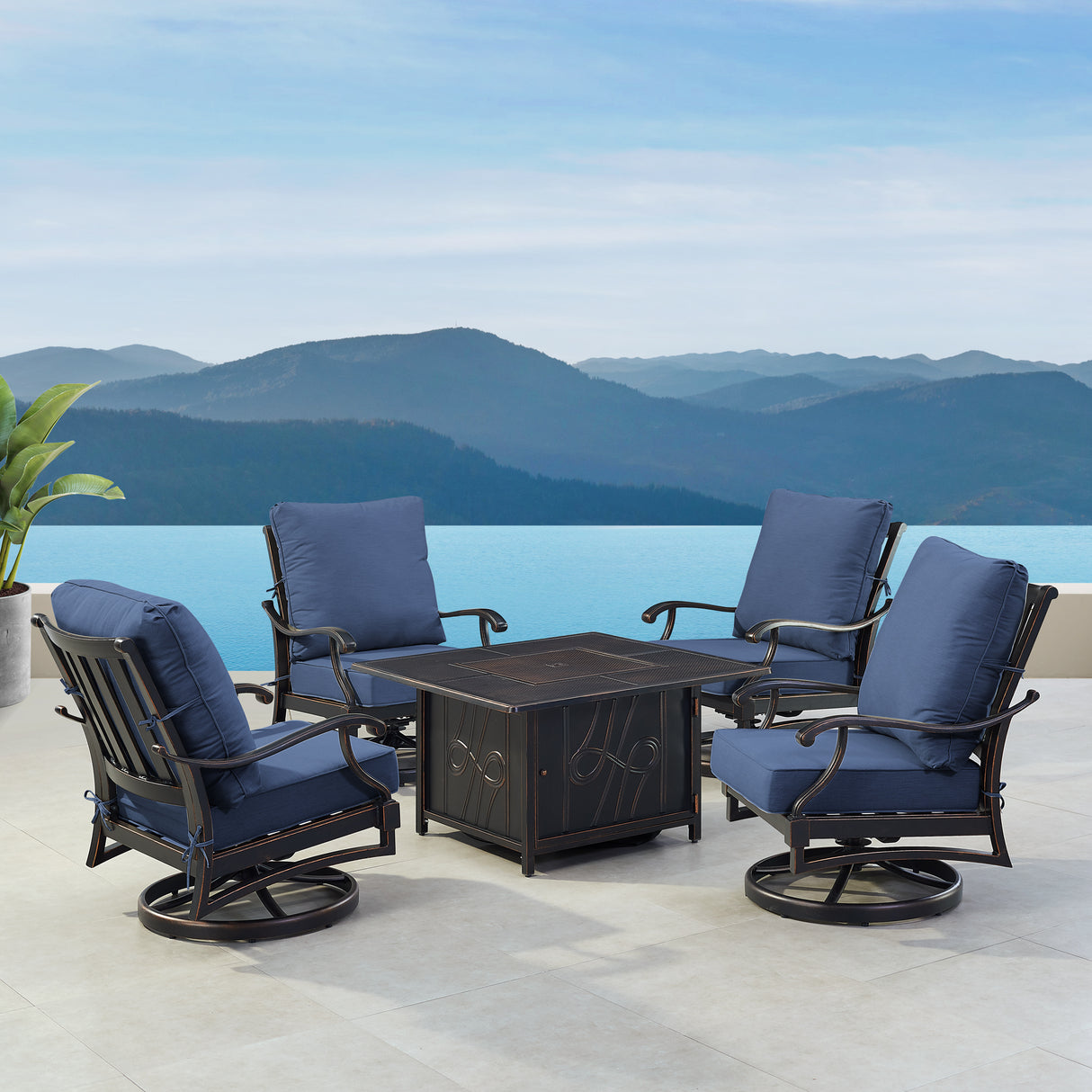 Black Aluminum Fire Table Set with Four Club Chairs - Sharicks