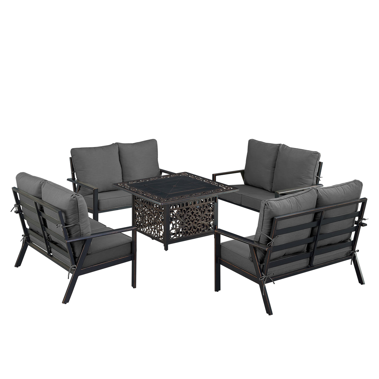 Black Aluminum Fire Table Set with Four Deep Seating Loveseat with Cushions - Sharicks