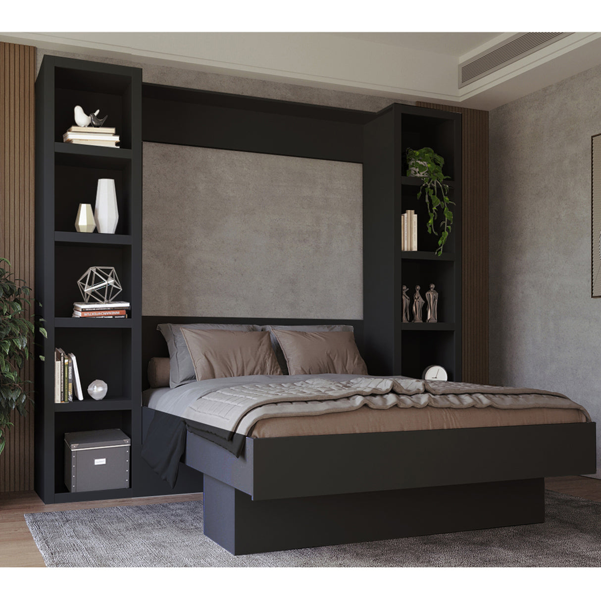 Easy-Lift Queen Murphy Wall Bed in Black with Two Bookshelves - Sharicks