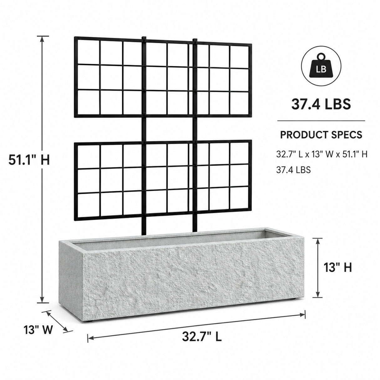 Rock Texture Rectangular Polystone Planter with Steel Trellis, Gray