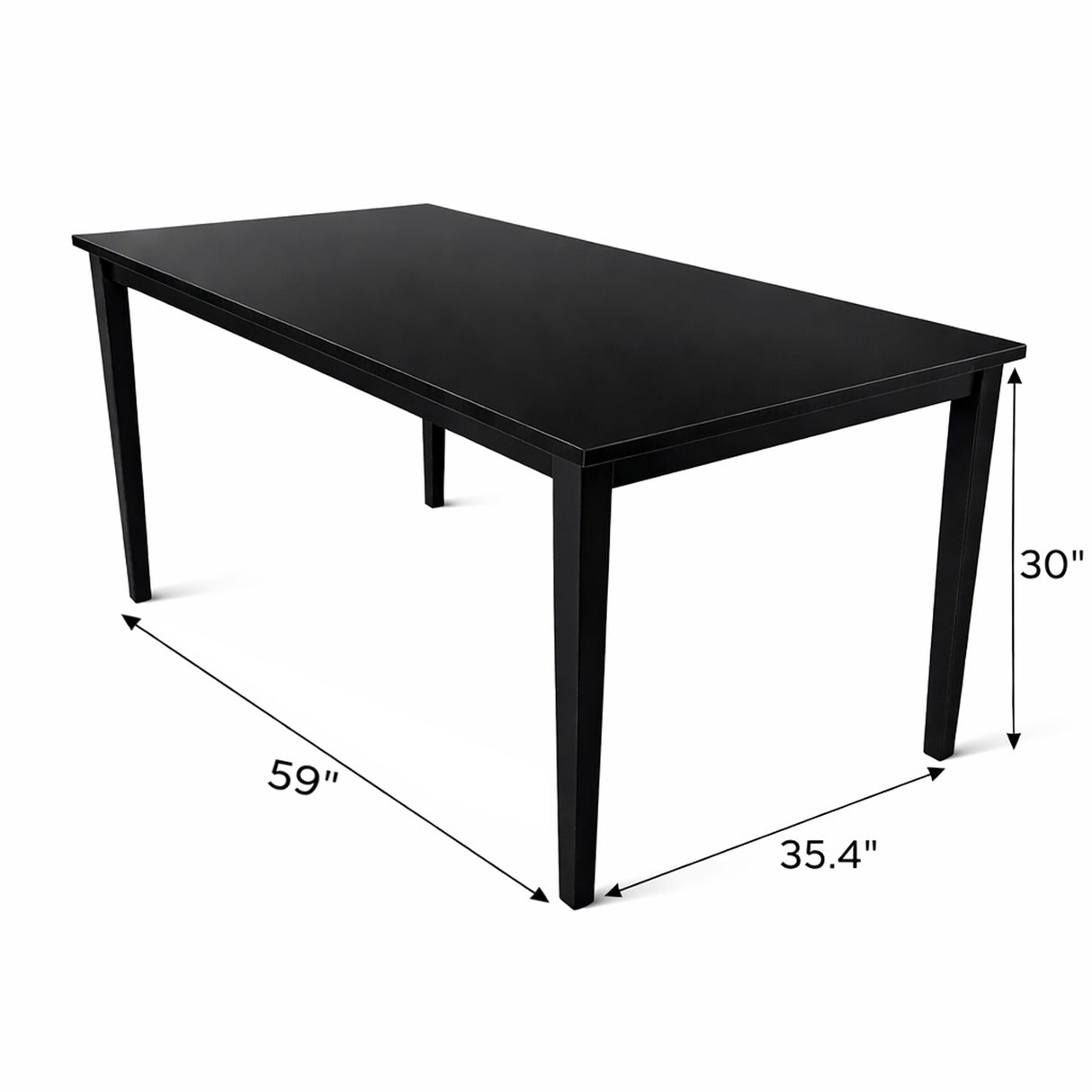 Modern 7-Piece 59 Inch Rectangular Dining Set, Black Finish with Black PU Leather Upholstered Chairs, Solid Rubberwood