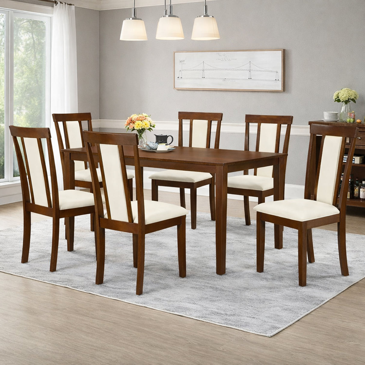 Traditional 7-Piece 59 Inch Rectangular Dining Set, Dirty Oak Finish with Beige Polyester Upholstered Chairs, Solid Rubberwood
