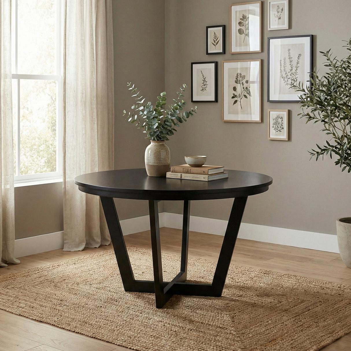 Modern 41.3 Inch Round Dining Table, Black Finish Solid Rubberwood