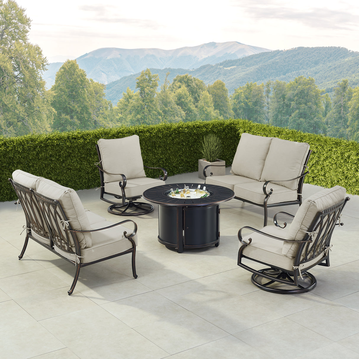 Black Aluminum Fire Table Set with Two Loveseats and Two Club Chairs - Sharicks