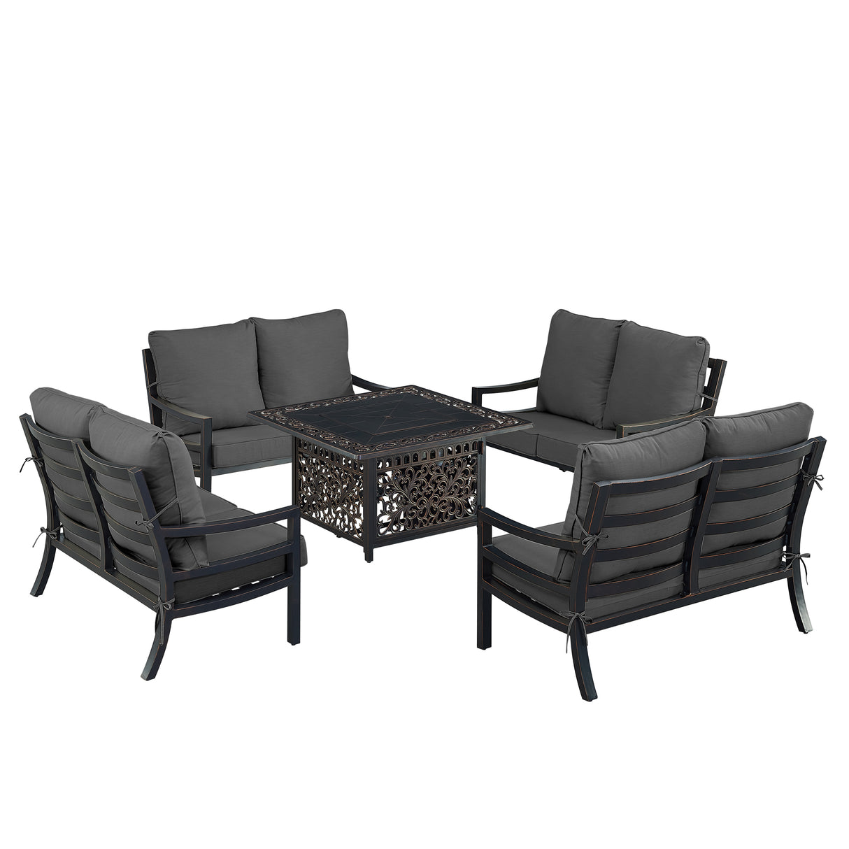 Black Aluminum Fire Table Set with Four Deep Seating Loveseats - Sharicks