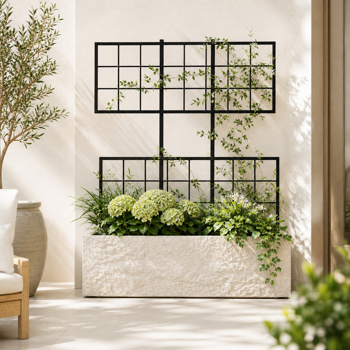 Rock Texture Rectangular Polystone Planter with Steel Trellis, White
