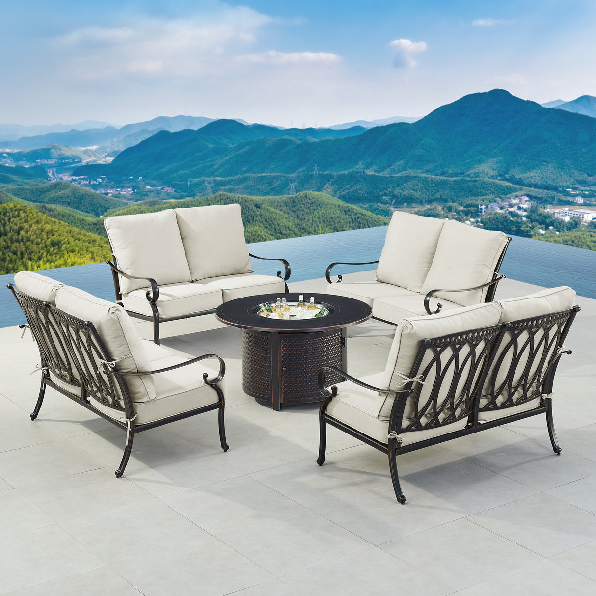 Black Aluminum Fire Table Set with Four Deep Seating Loveseats - Sharicks