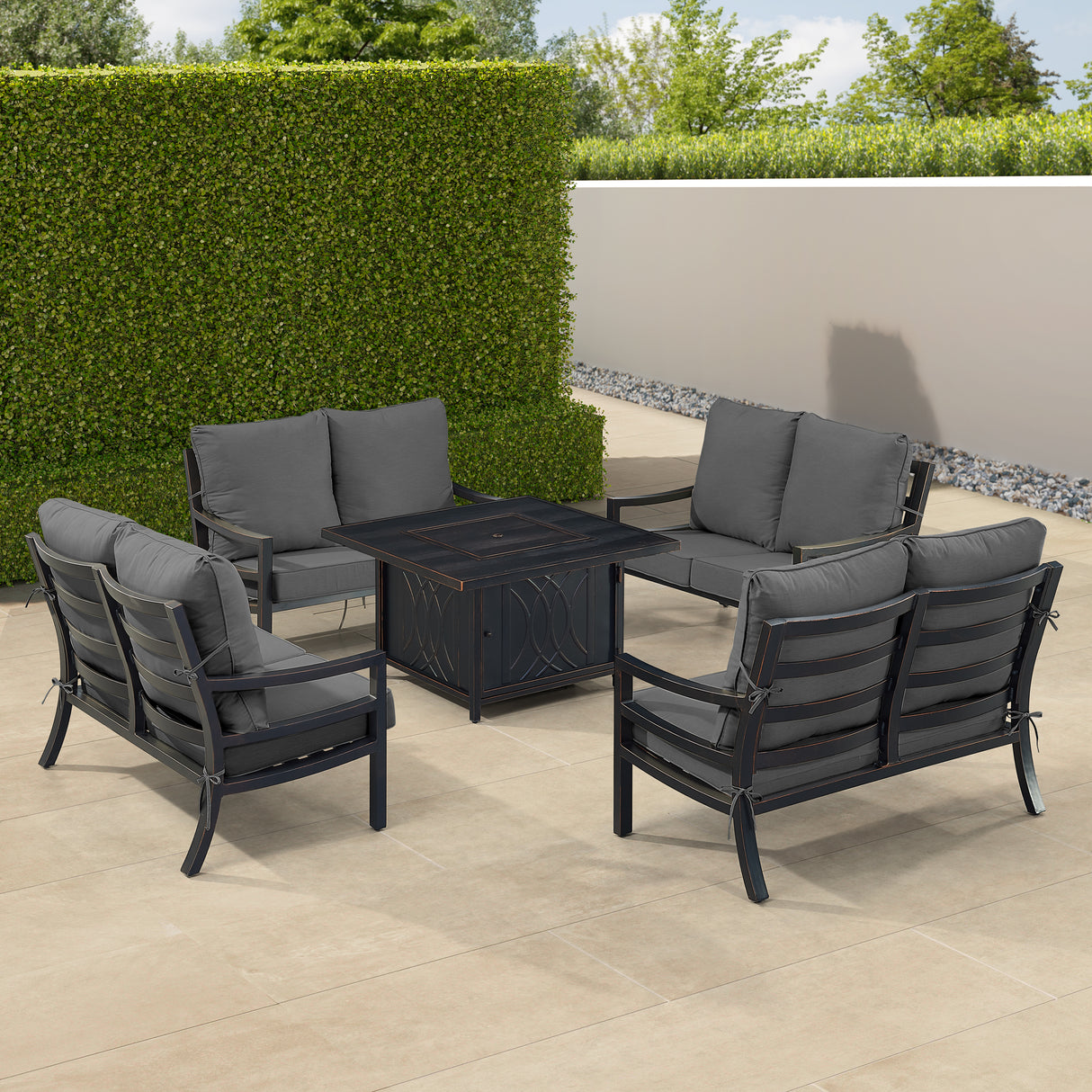 Black Aluminum Fire Table Set with Four Deep Seating Loveseats - Sharicks