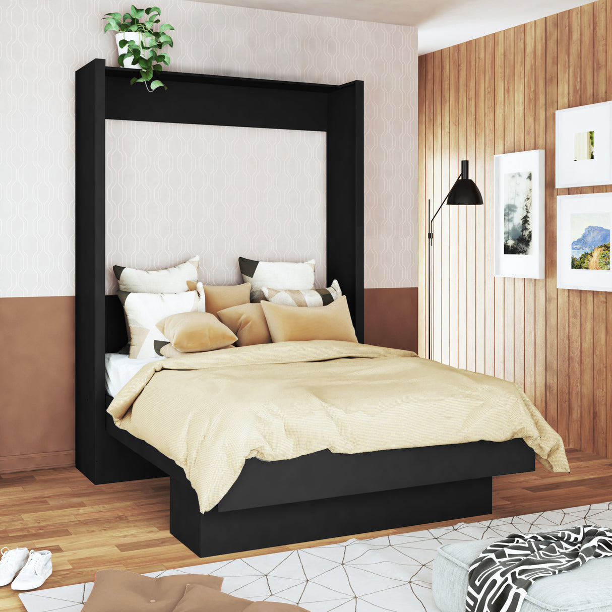 Easy-Lift Queen Murphy Wall Bed in Black with Shelf - Sharicks