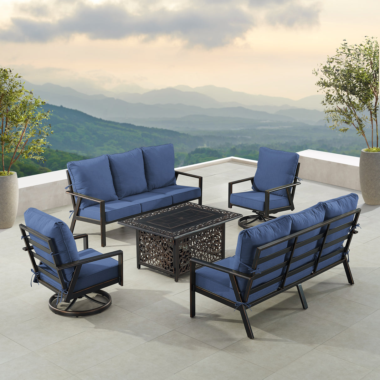 Black Aluminum Fire Table Set with Two Deep Seating Sofa with Cushions and Two Club Chairs - Sharicks