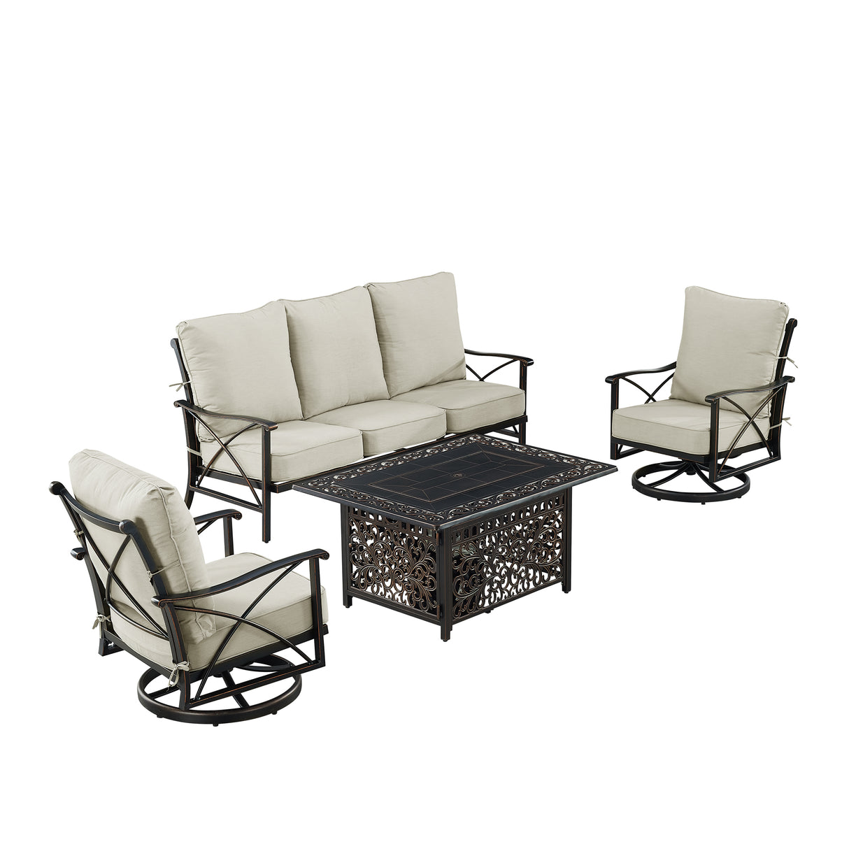 Black Aluminum Fire Table Set with Deep Seating Sofa with Cushion and Two Club Chairs - Sharicks