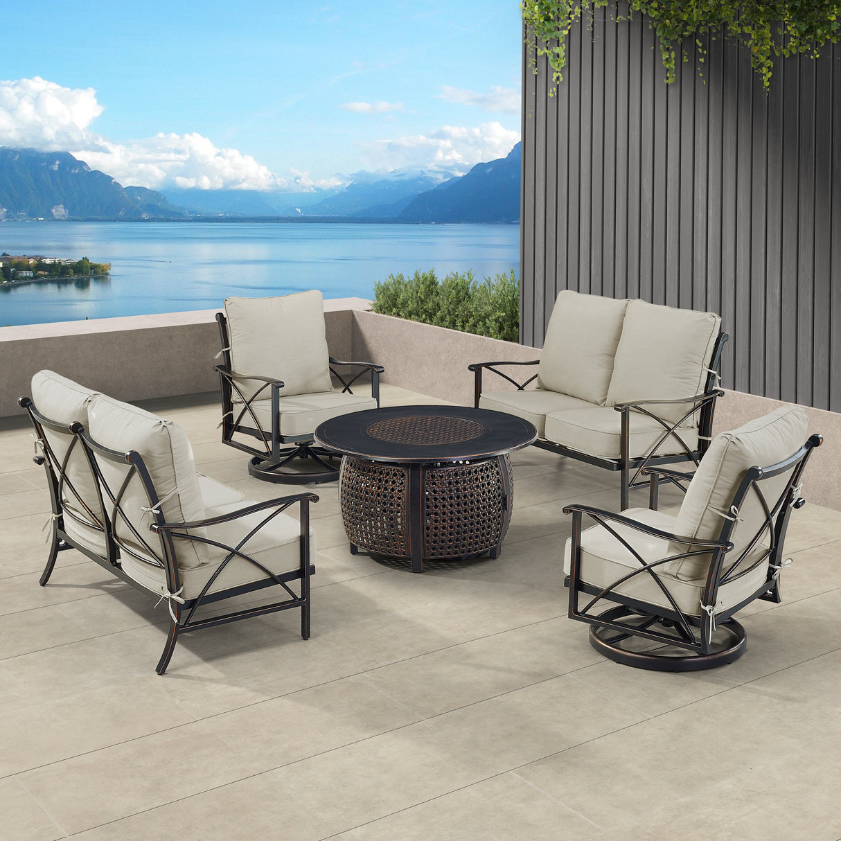 Black Aluminum Fire Table Set with Two Deep Seating Loveseat with Cushions and Two Club Chairs - Sharicks