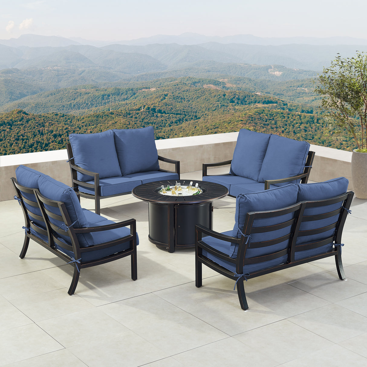 Black Aluminum Fire Table Set with Four Deep Seating Loveseats - Sharicks