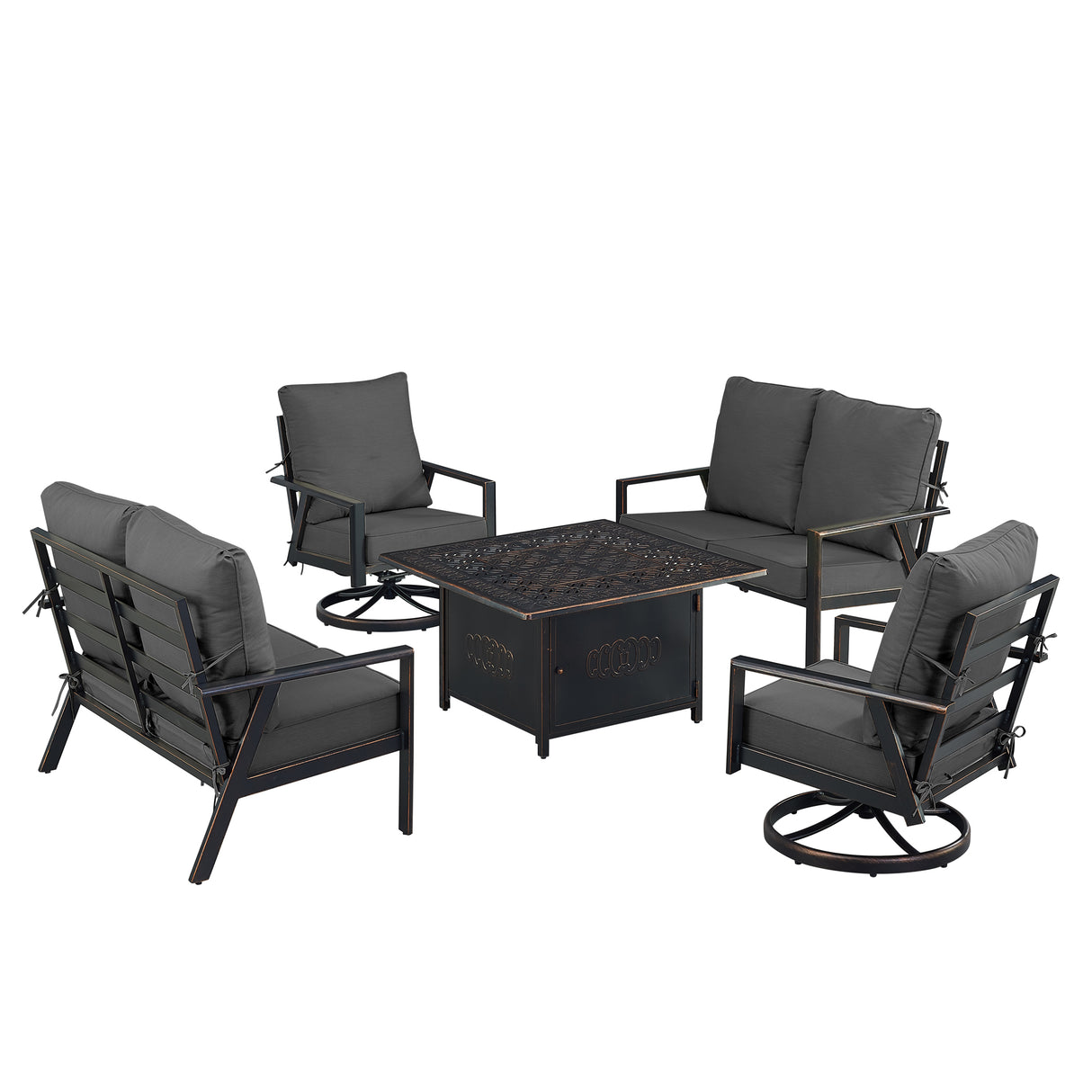 Black Aluminum Fire Table Set with Two Deep Seating Loveseat with Cushions and Two Club Chairs - Sharicks