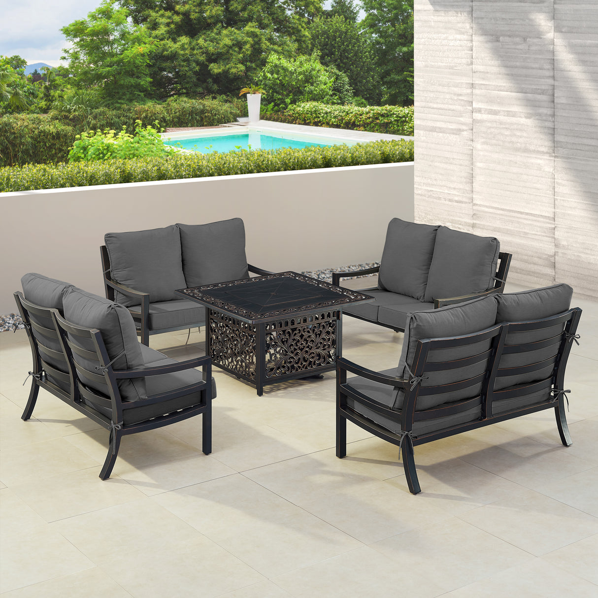 Black Aluminum Fire Table Set with Four Deep Seating Loveseats - Sharicks