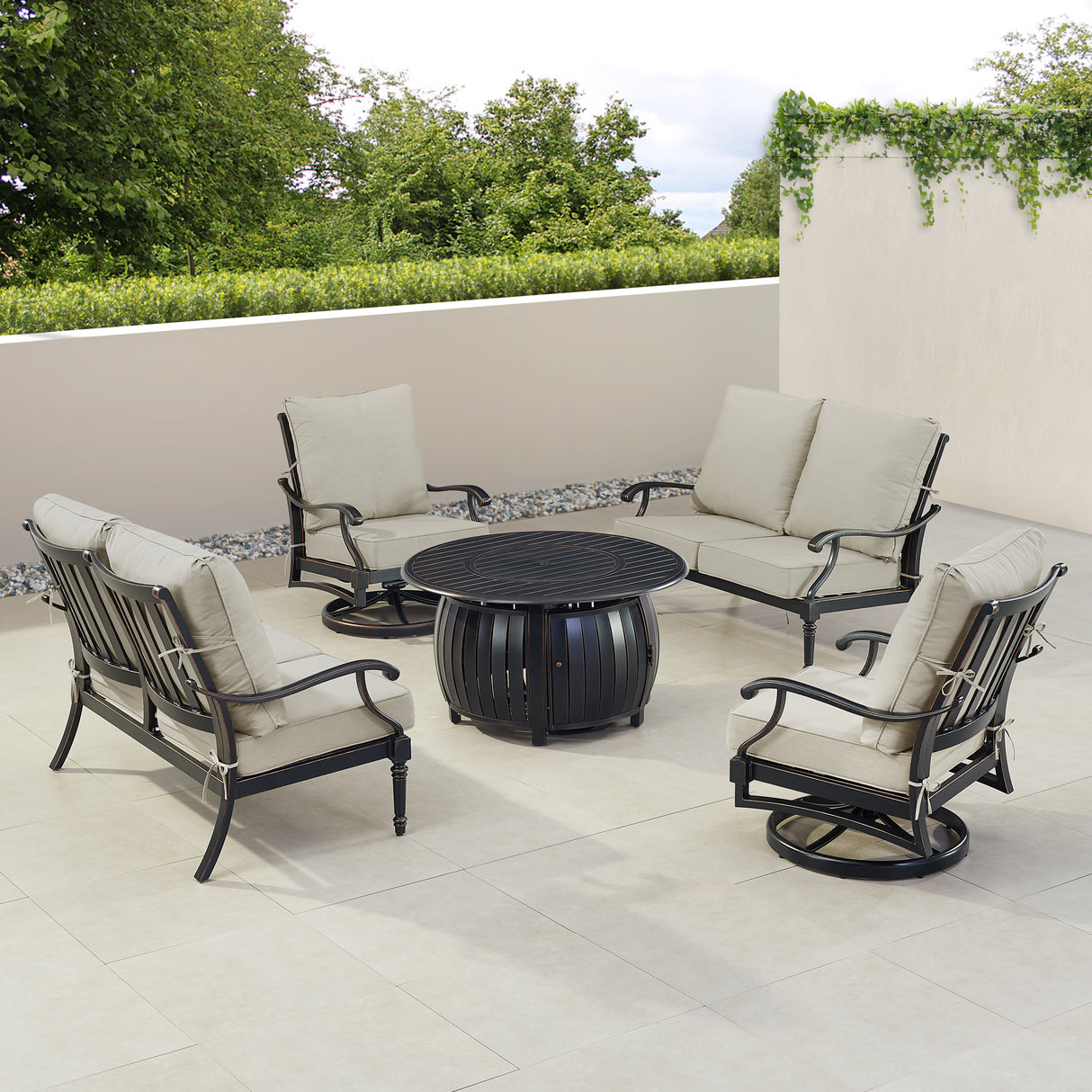 Black Aluminum Fire Table Set with Two Loveseats and Two Club Chairs - Sharicks