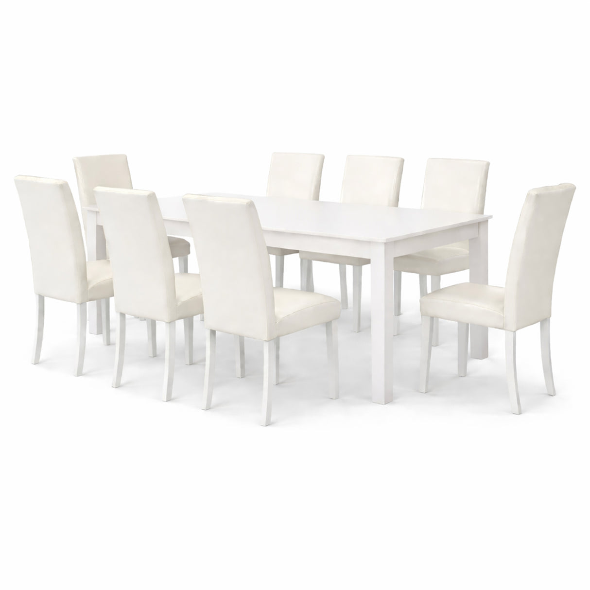 Modern 9-Piece 78.7 Inch Rectangular Dining Set, White Finish with White PU Leather Upholstered Chairs, Solid Rubberwood