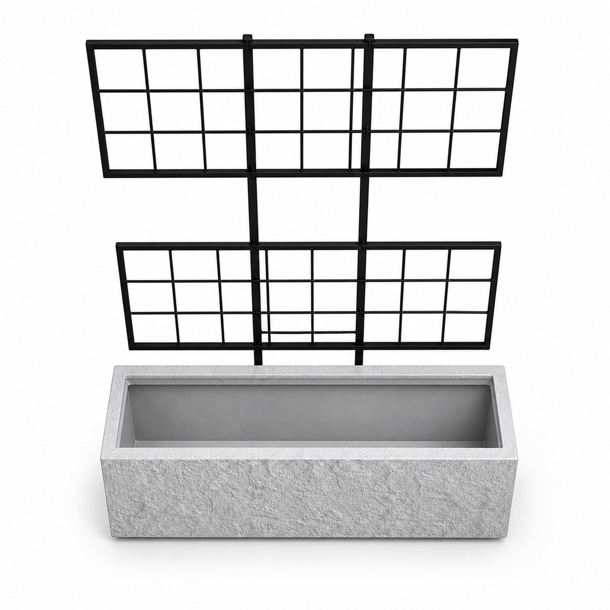 Rock Texture Rectangular Polystone Planter with Steel Trellis, Gray