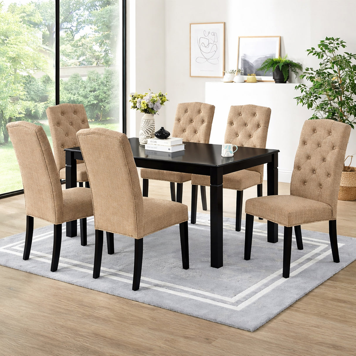 Modern 7-Piece 63 Inch Rectangular Dining Set, Black Finish with Sand Beige Polyester Upholstered Chairs, Solid Rubberwood