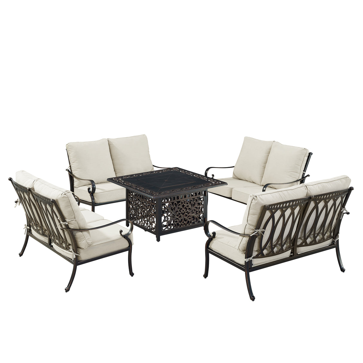 Black Aluminum Fire Table Set with Four Deep Seating Loveseats - Sharicks