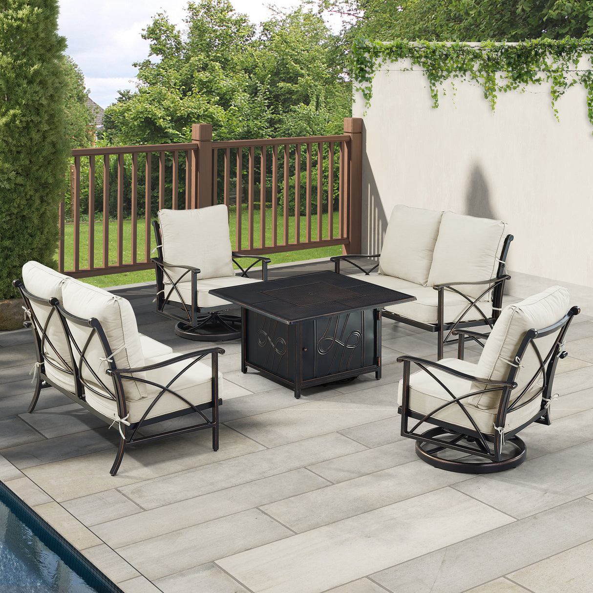 Black Aluminum Fire Table Set with Two Deep Seating Loveseat with Cushions and Two Club Chairs - Sharicks