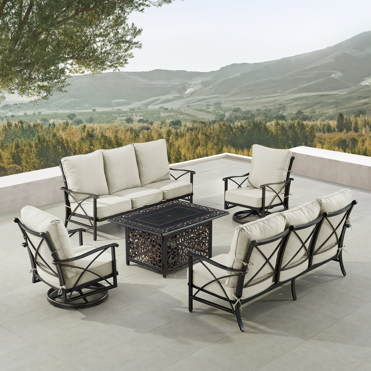 Black Aluminum Fire Table Set with Two Deep Seating Sofa with Cushions and Two Club Chairs - Sharicks