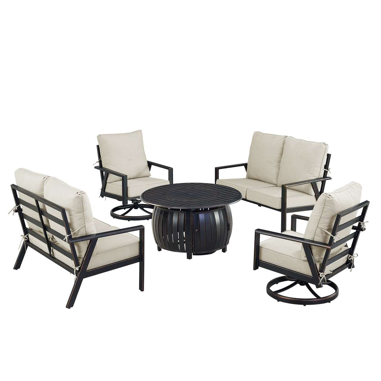 Black Aluminum Fire Table Set with Two Deep Seating Loveseat with Cushions and Two Club Chairs - Sharicks