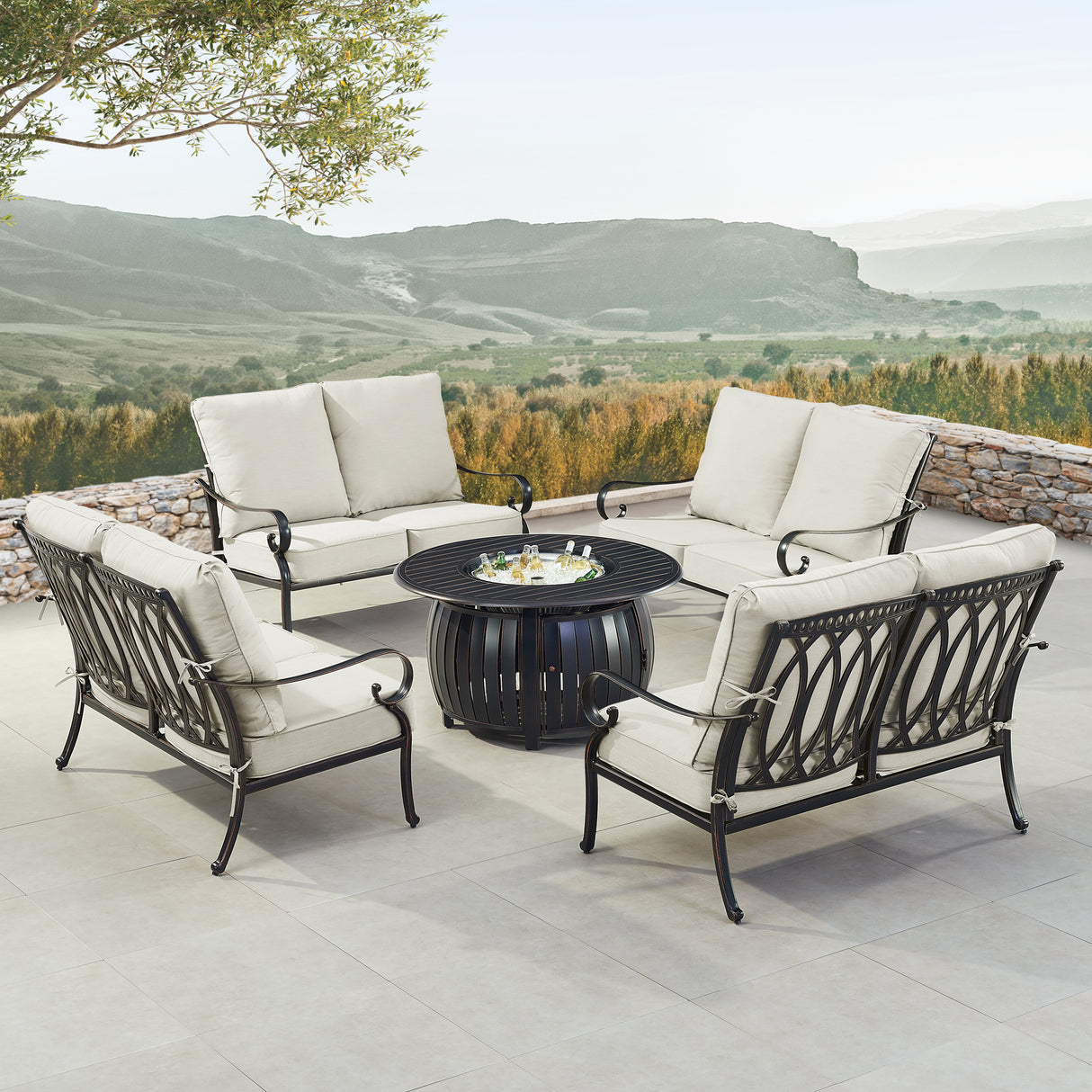 Black Aluminum Fire Table Set with Four Deep Seating Loveseats - Sharicks