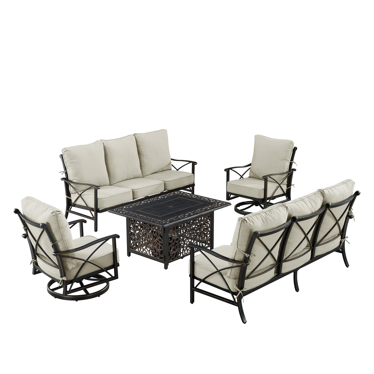 Black Aluminum Fire Table Set with Two Deep Seating Sofa with Cushions and Two Club Chairs - Sharicks