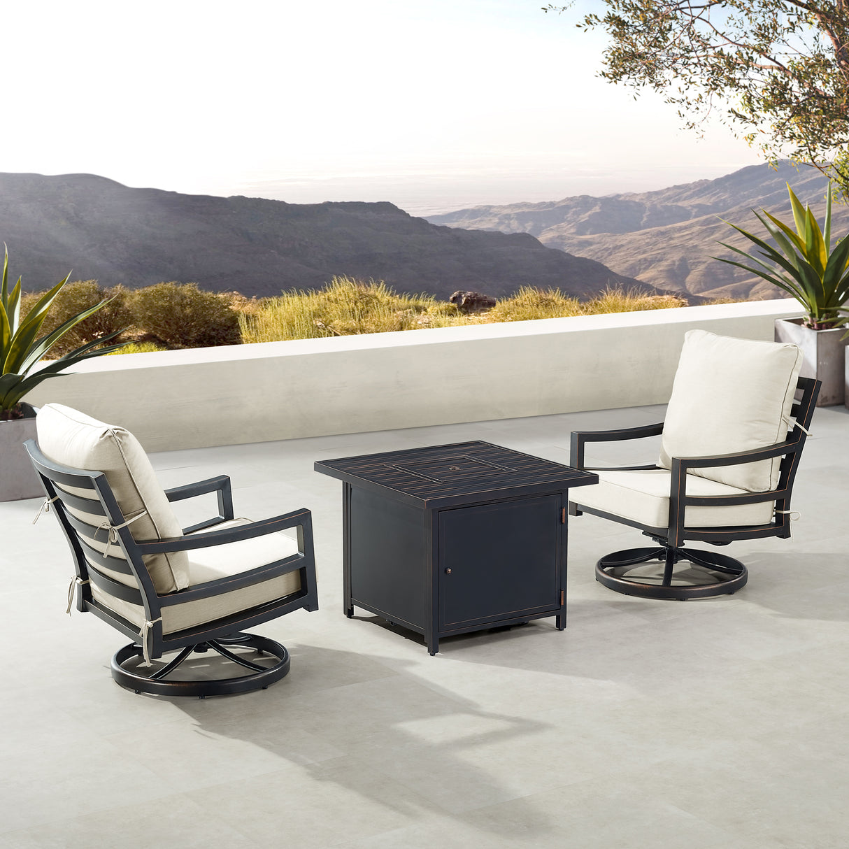 Black Aluminum Fire Table Bistro Set with Two Club Chairs - Sharicks