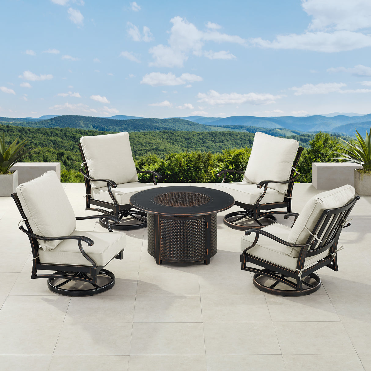 Black Aluminum Fire Table Set with Four Club Chairs - Sharicks
