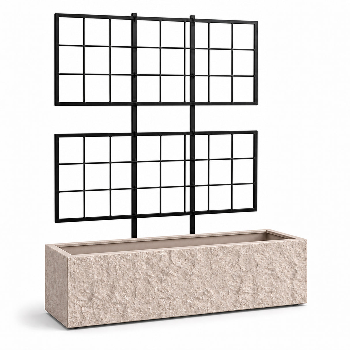 Rock Texture Rectangular Polystone Planter with Steel Trellis, Sand