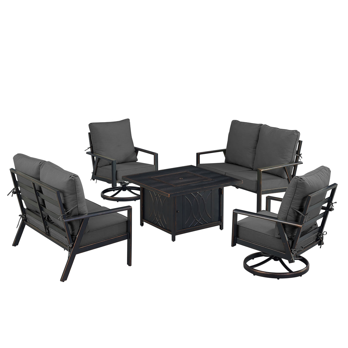 Black Aluminum Fire Table Set with Two Deep Seating Loveseat with Cushions and Two Club Chairs - Sharicks