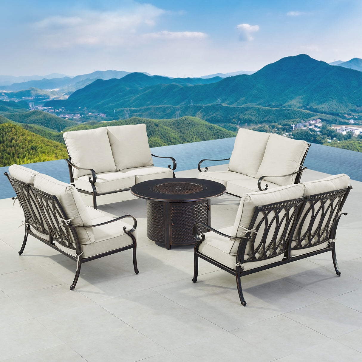 Black Aluminum Fire Table Set with Four Deep Seating Loveseats - Sharicks