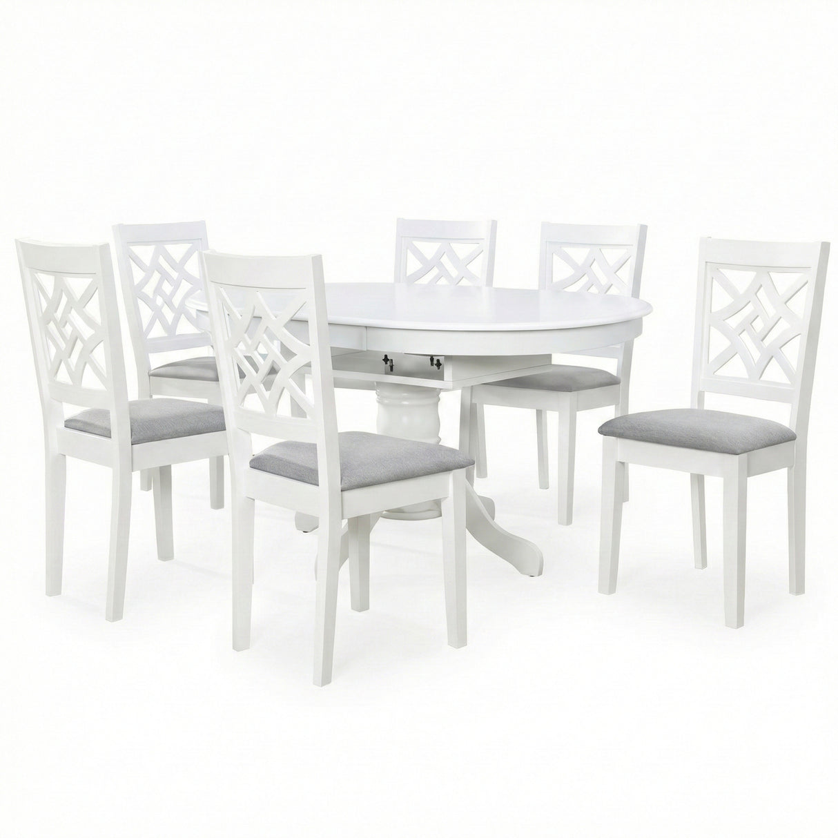 Farmhouse 7-Piece 60 Inch Oval Extendable Dining Set, White Finish with Grey Polyester Upholstered Chairs, Solid Rubberwood
