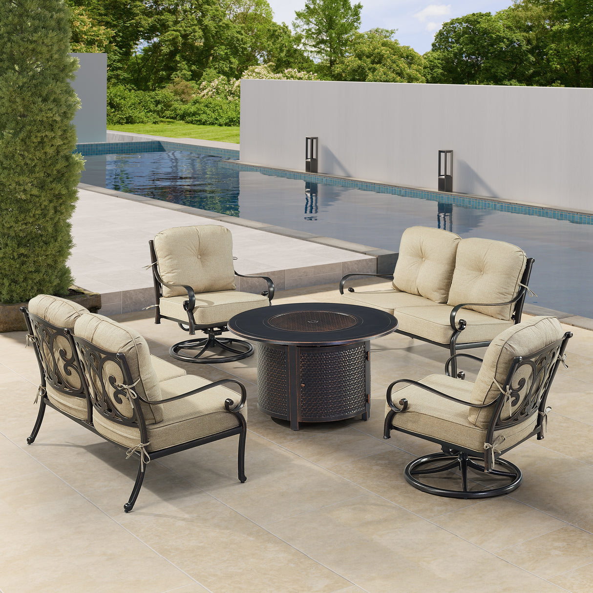 Black Aluminum Fire Table Set with Two Deep Seating Loveseat with Cushions and Two Club Chairs - Sharicks