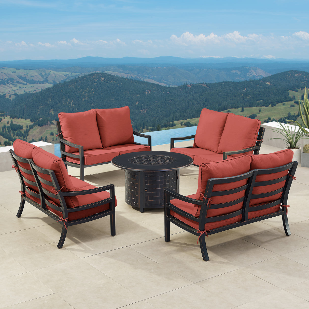 Black Aluminum Fire Table Set with Four Deep Seating Loveseats - Sharicks
