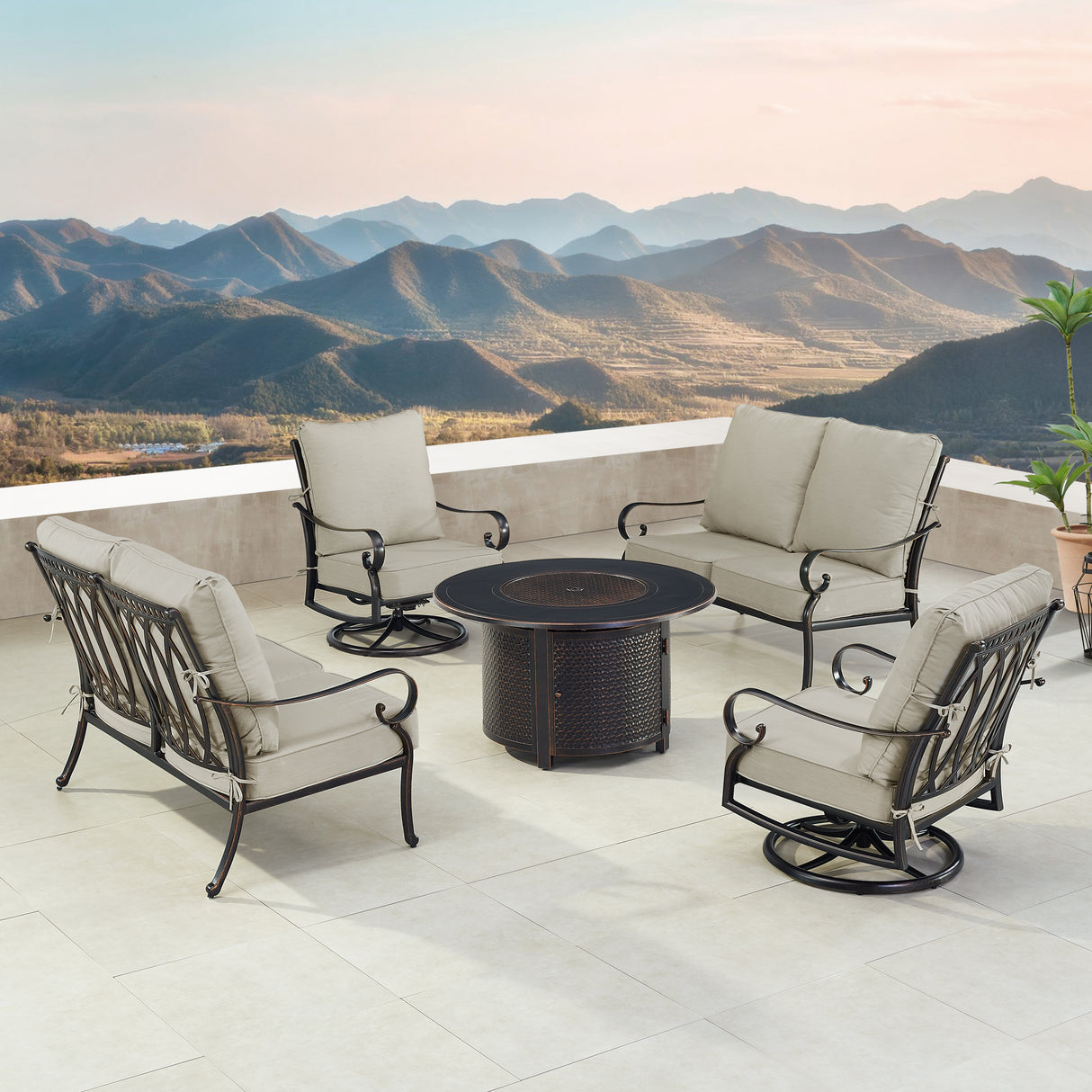 Black Aluminum Fire Table Set with Two Loveseats and Two Club Chairs - Sharicks