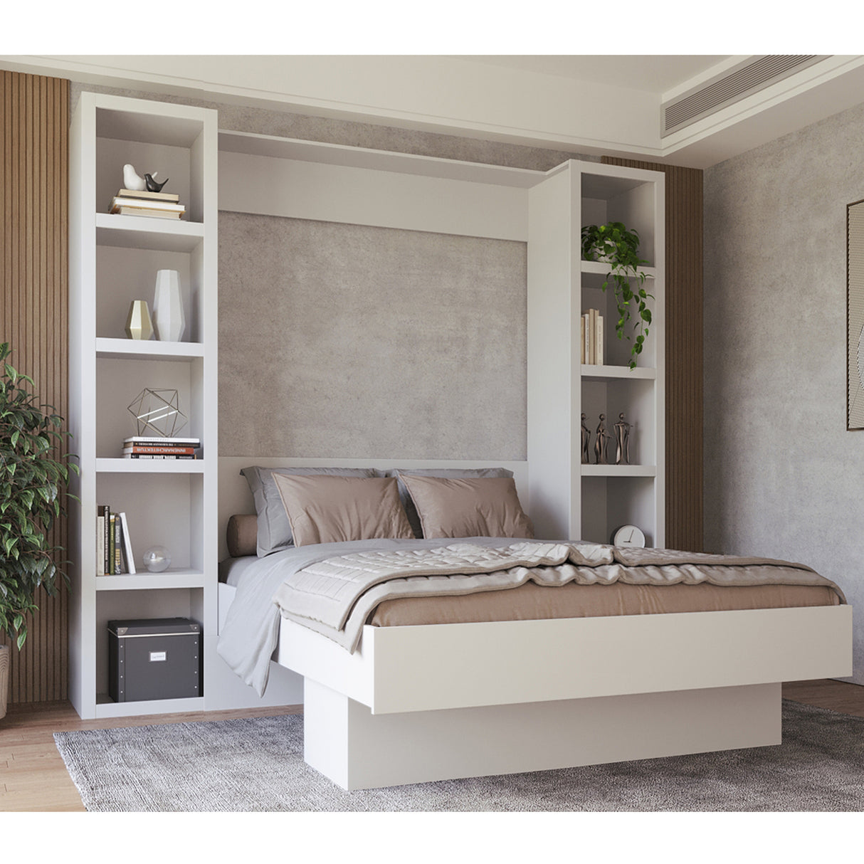 Easy-Lift Queen Murphy Wall Bed in White with Two Bookshelves - Sharicks